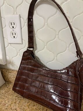 Brown Croc-Embossed Shoulder Bag